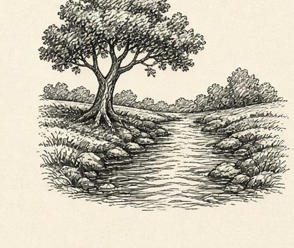 Illustration of a tree beside a creek.